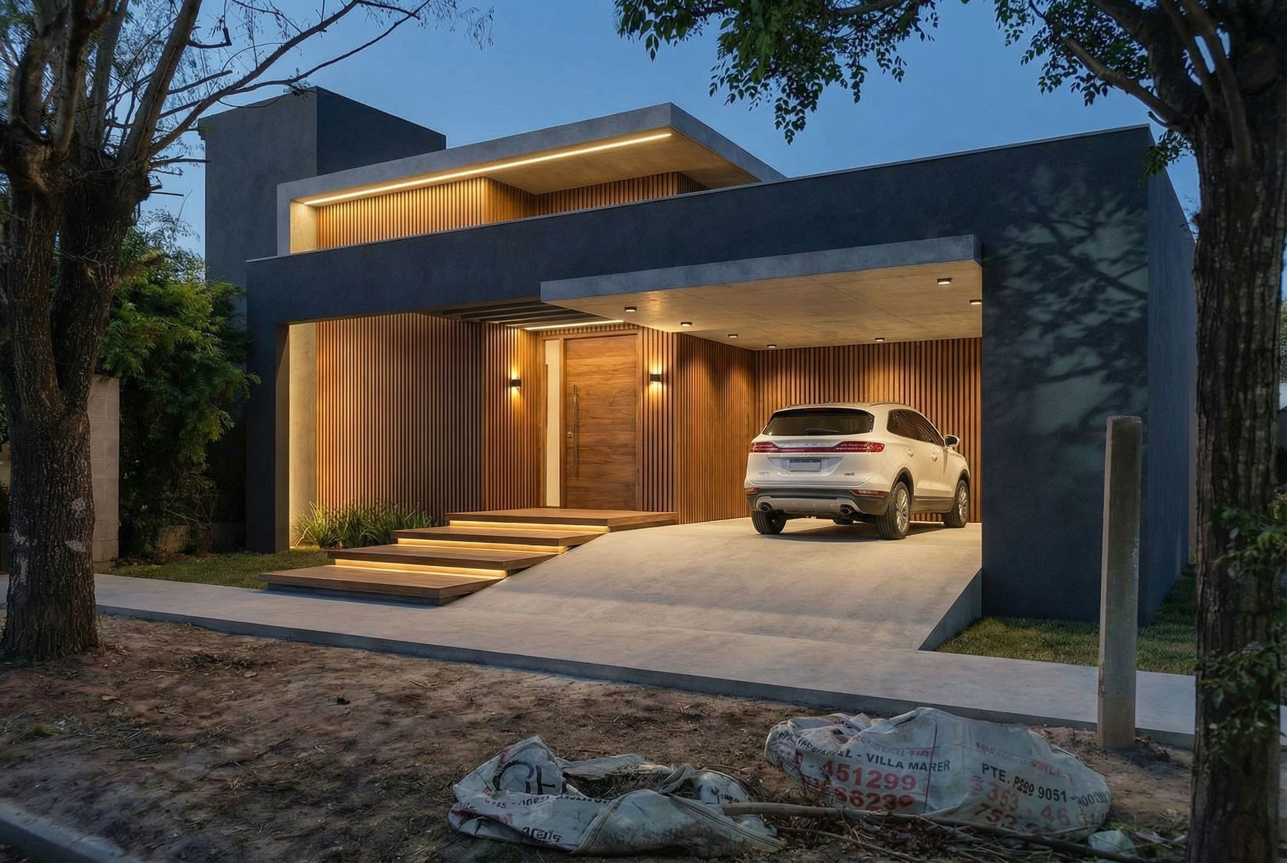 Casa Paloma iluminada al anochecer