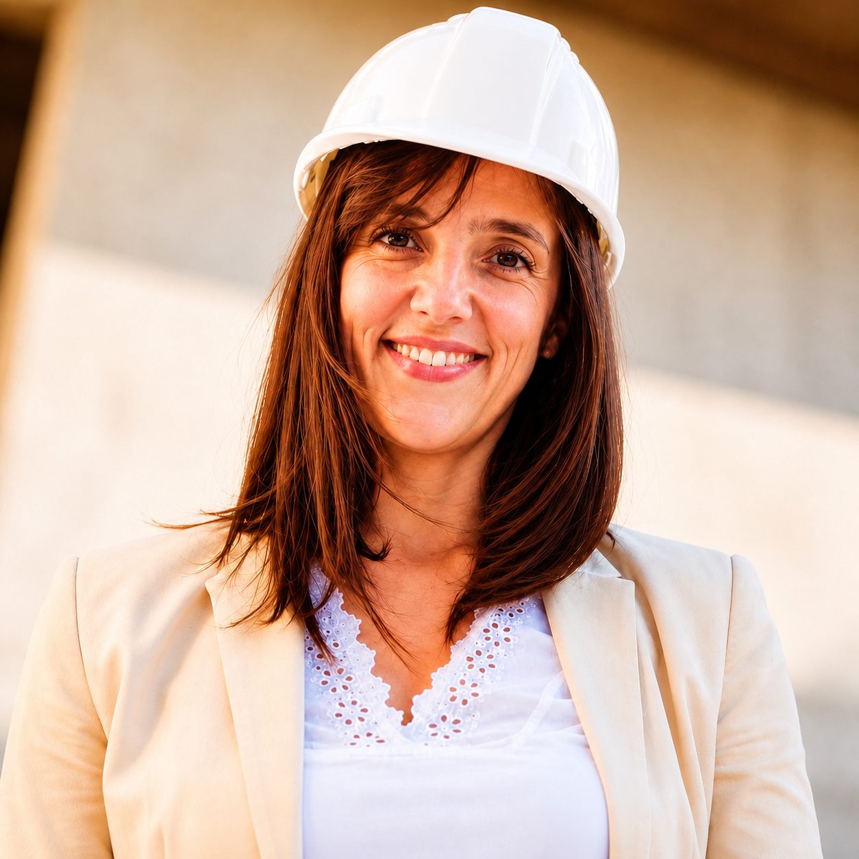 Retrato de Soledad Farabollini con casco blanco de obra